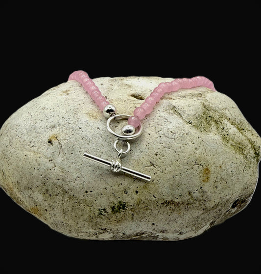 Rose Quartz Beaded Necklace with Silver T Bar