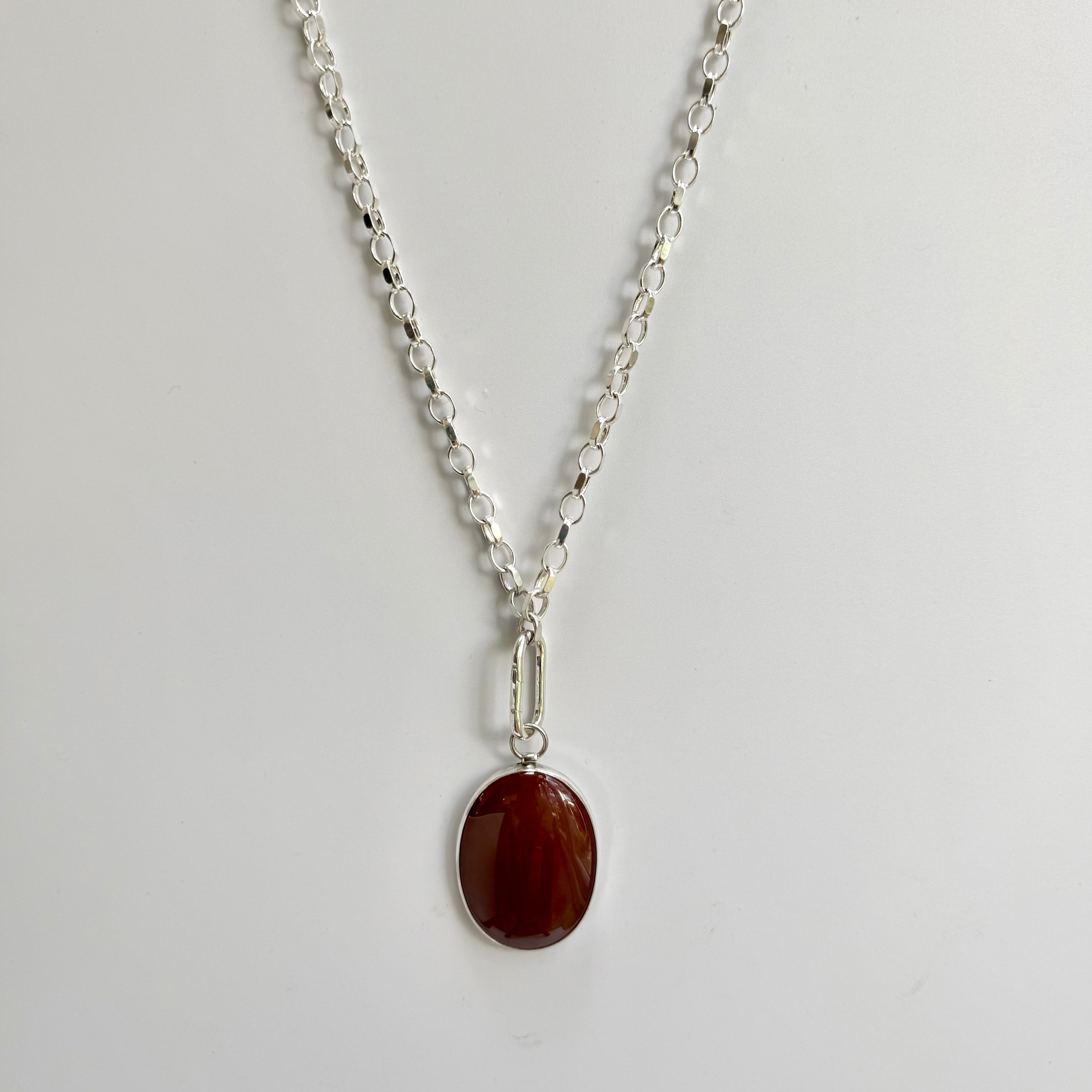 Silver Chain with warm brown Carnelian stone set in silver with a chunky carabiner 