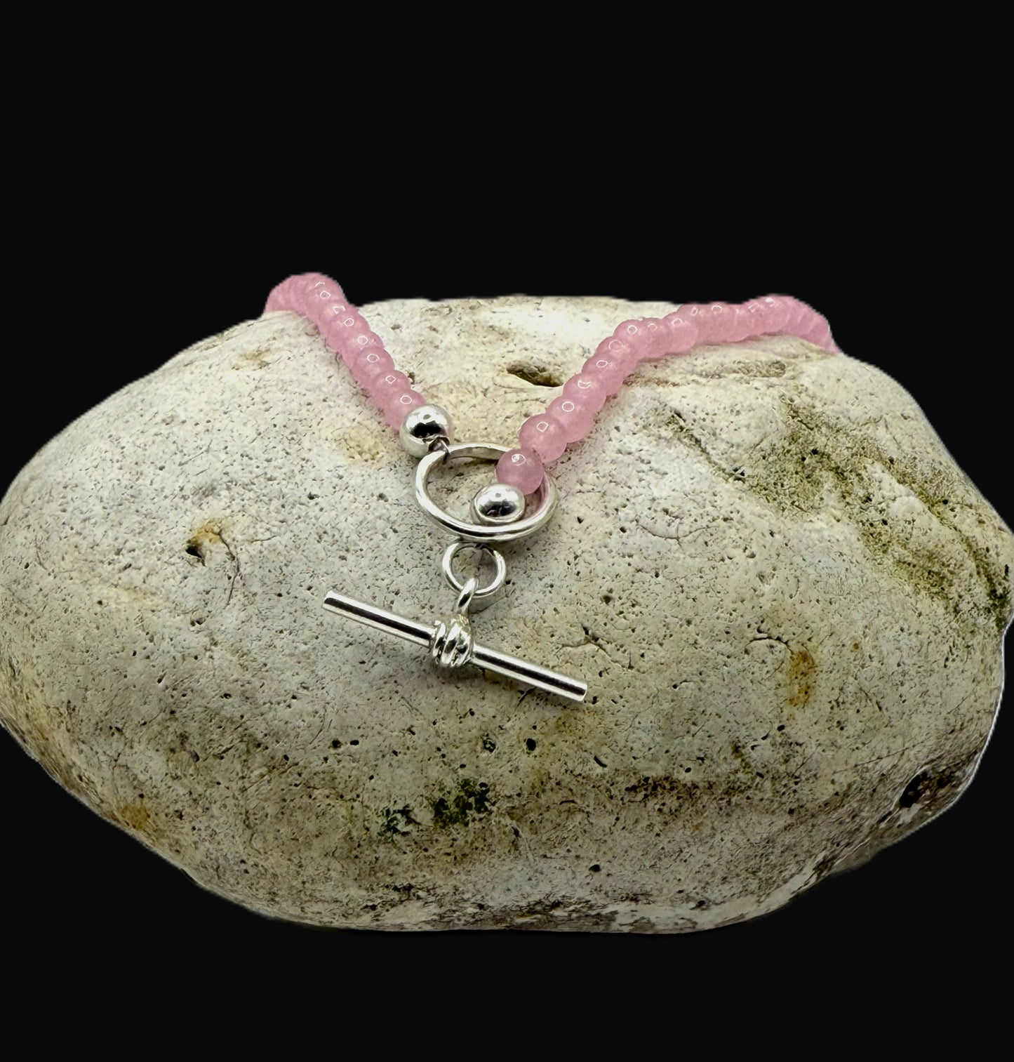 Rose Quartz Beaded Necklace with Silver T Bar