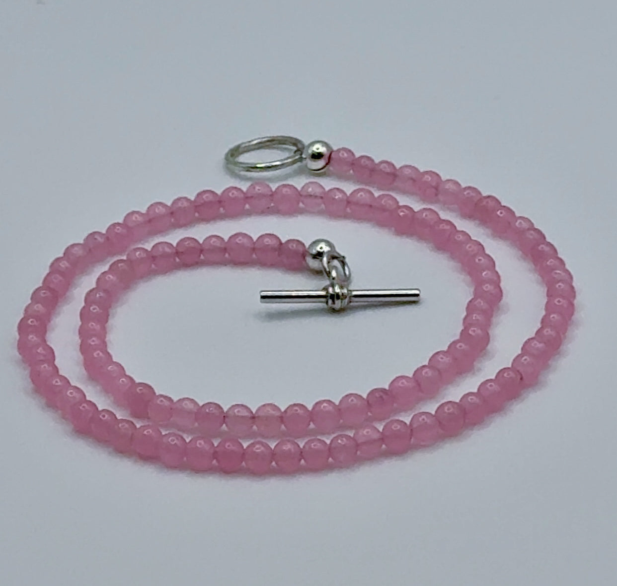 Rose Quartz Beaded Necklace with Silver T Bar