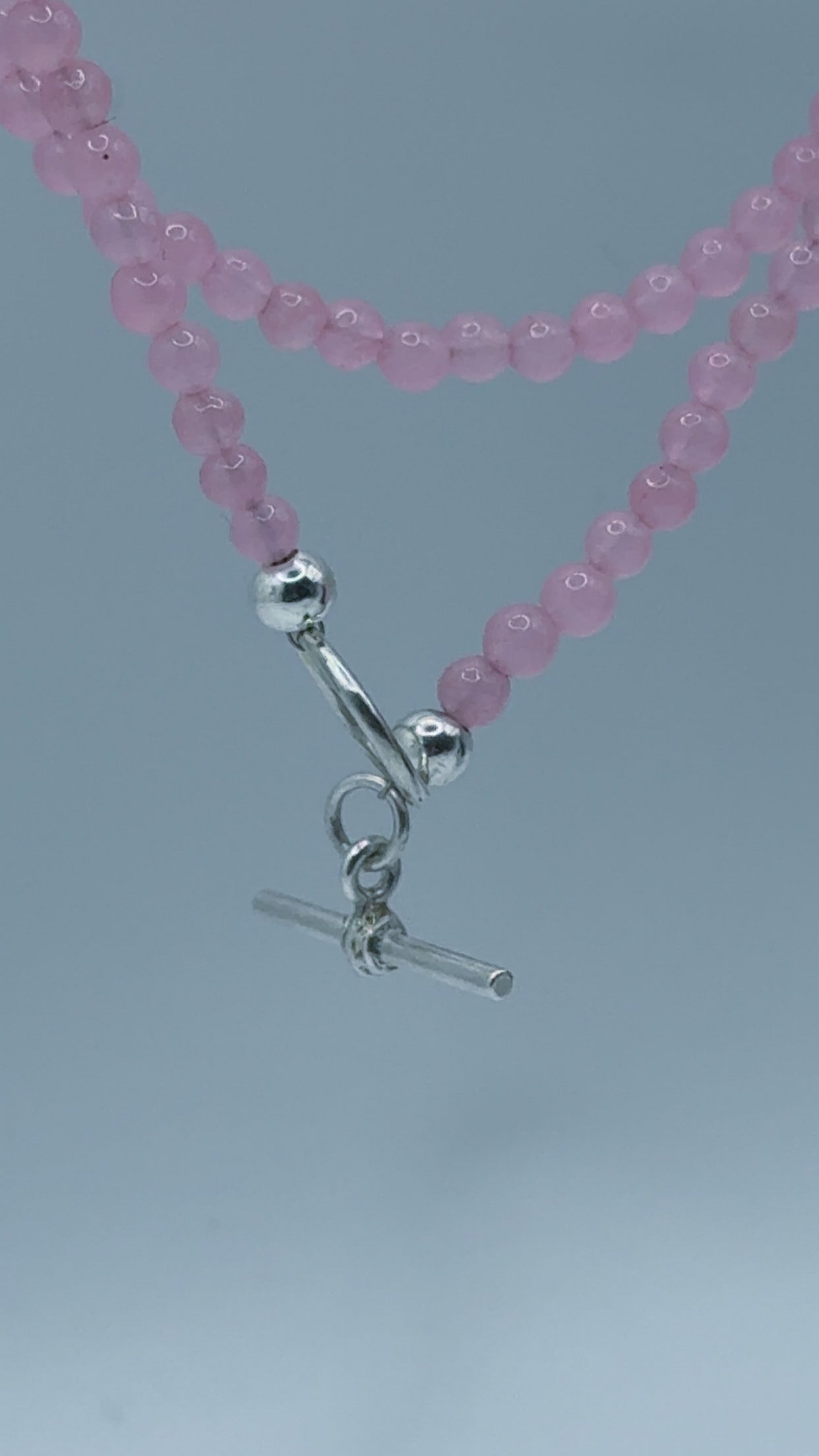 Rose Quartz Beaded Necklace with Silver T Bar