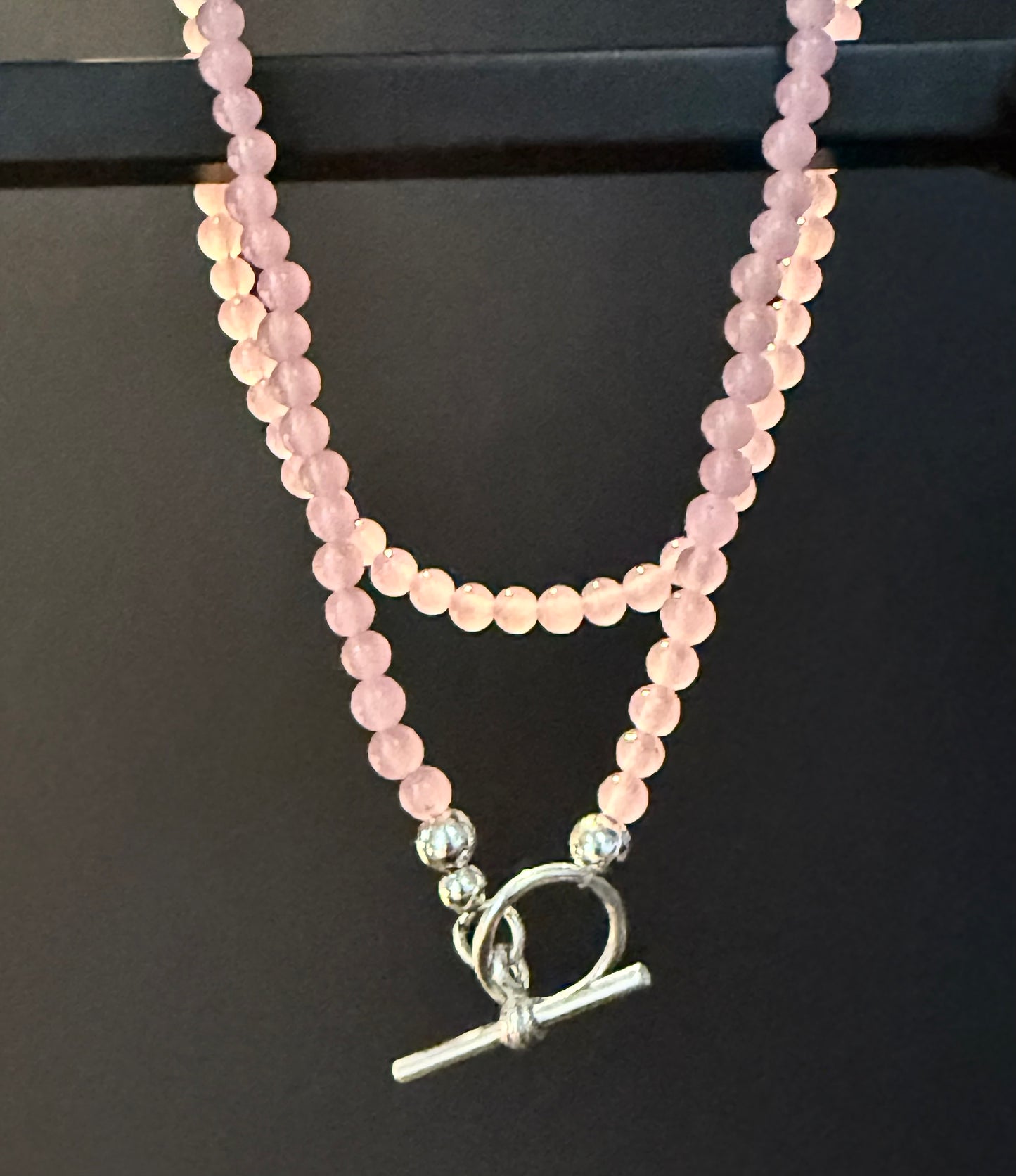 Rose Quartz Beaded Necklace with Silver T Bar